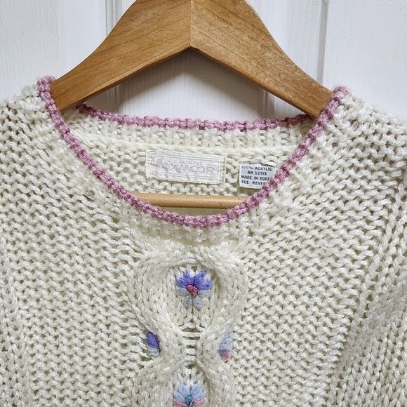 Foxmoor Sweater Womens S Cream Pastel Floral Handknit Open Weave Vintage Grandma - Picture 3 of 13